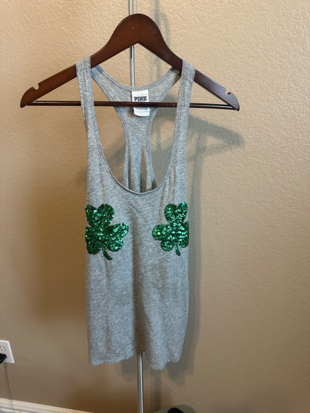 PINK Victoria's Secret Gray Tank Top with Green Sequin Shamrocks